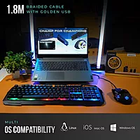 Lapcare LGC‑222 Fighter Champ combo: LED membrane keyboard (50 M keystrokes) + ergonomic 7-button mouse (up to 3600 DPI, 603EP sensor, braided cable).