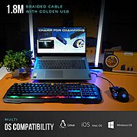 Lapcare LGC‑222 Fighter Champ combo: LED membrane keyboard (50 M keystrokes) + ergonomic 7-button mouse (up to 3600 DPI, 603EP sensor, braided cable).