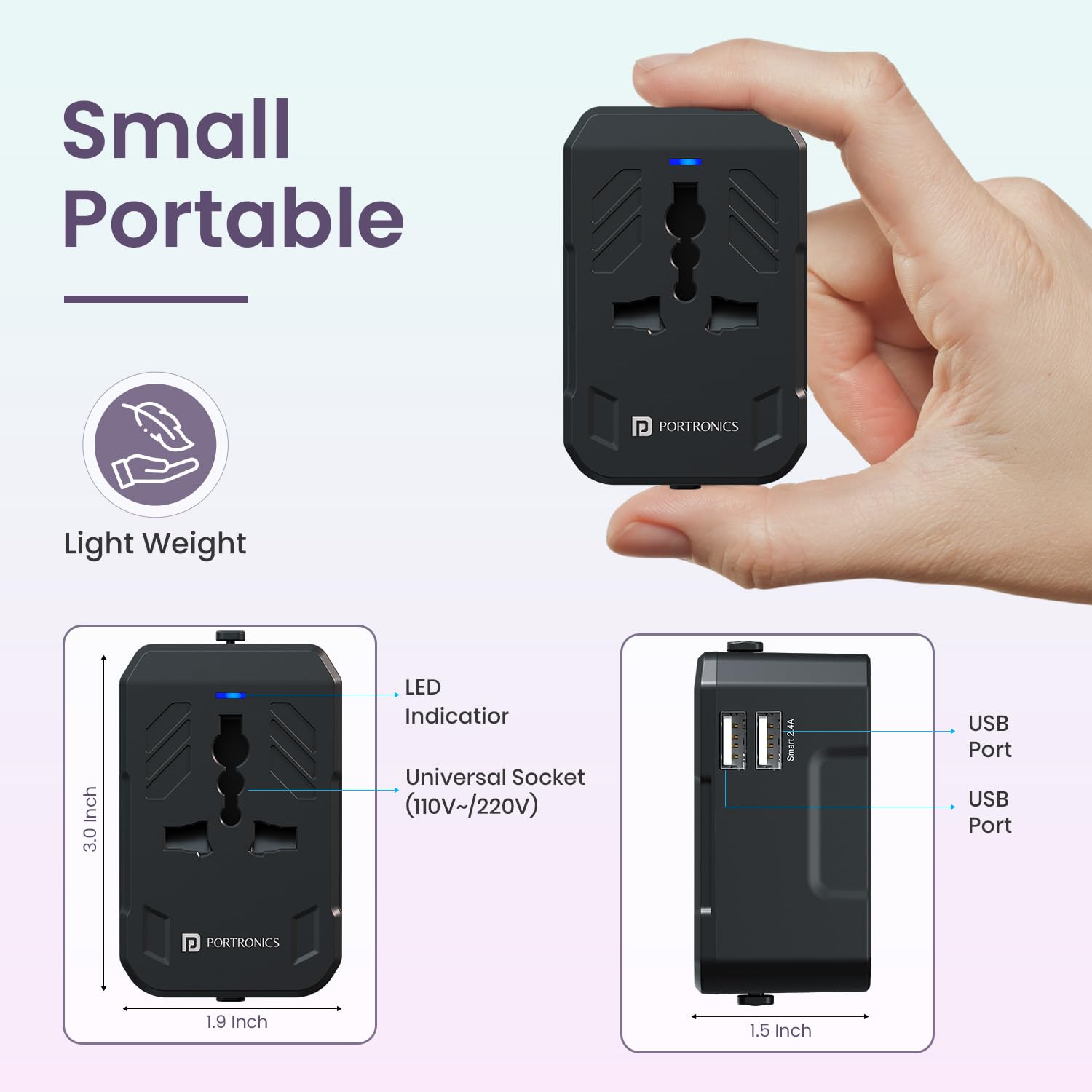 Portronics Juicemate 2 Universal Travel Adapter – Dual USB-A 12W Output | Black