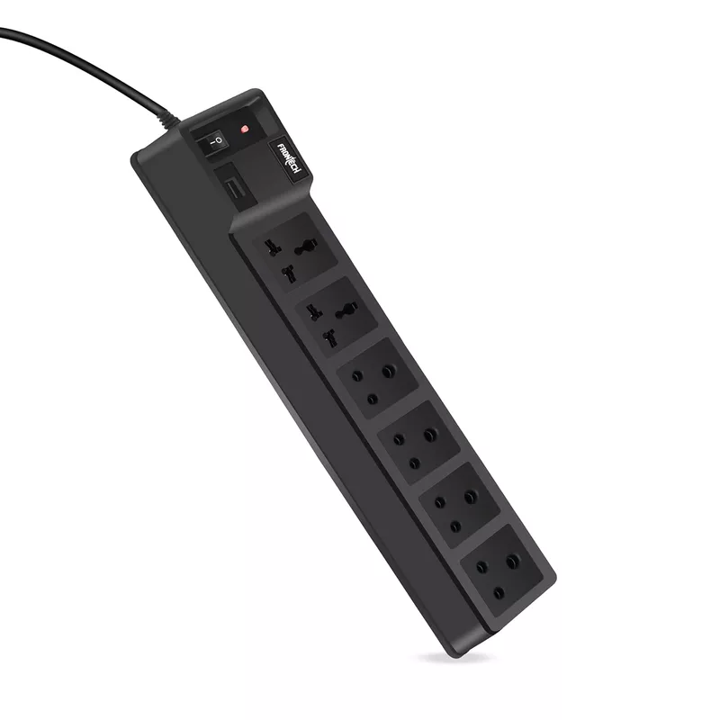 Frontech FT-3512 with 4 universal sockets, 1.5 m cable, LED indicator & surge protection. Compact and safe for home or office use.