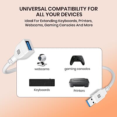 Portronics UniConnect 5M USB Cable – Male to Female | 5M | White | 1 Year Warranty