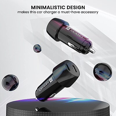 Portronics 40W Dual Type-C Car Charger PD Fast Charging for Cars & Mobile Phones Black