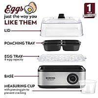 Borosil Electric Plus Egg Boiler, Boil Upto 8 Eggs At A Time, For Hard, Soft, Medium Boiled Eggs, Steamed Vegetables, Transparent Lid, Stainless Steel Exterior