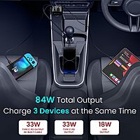 Portronics Car Power Retracto 84W 3-in-1 Car Charger with Retractable Type-C Cable Black