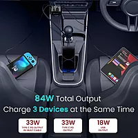 Portronics Car Power Retracto 84W 3-in-1 Car Charger with Retractable Type-C Cable Black