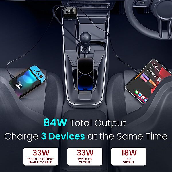 Portronics Car Power Retracto 84W 3-in-1 Car Charger with Retractable Type-C Cable Black