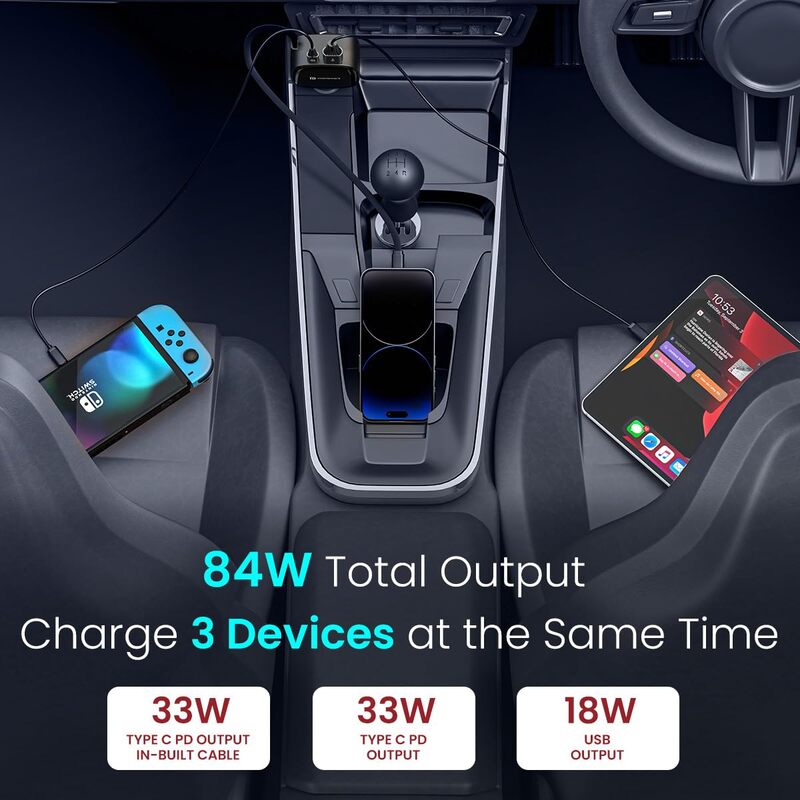 Portronics Car Power Retracto 84W 3-in-1 Car Charger with Retractable Type-C Cable Black