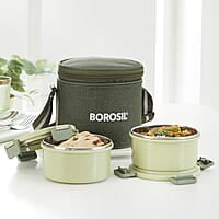 Borosil Glory Green Stainless Steel Lunchbox with Bag | 3 pcs Container Set (280 ml Each) | Microwavable Tiffin
