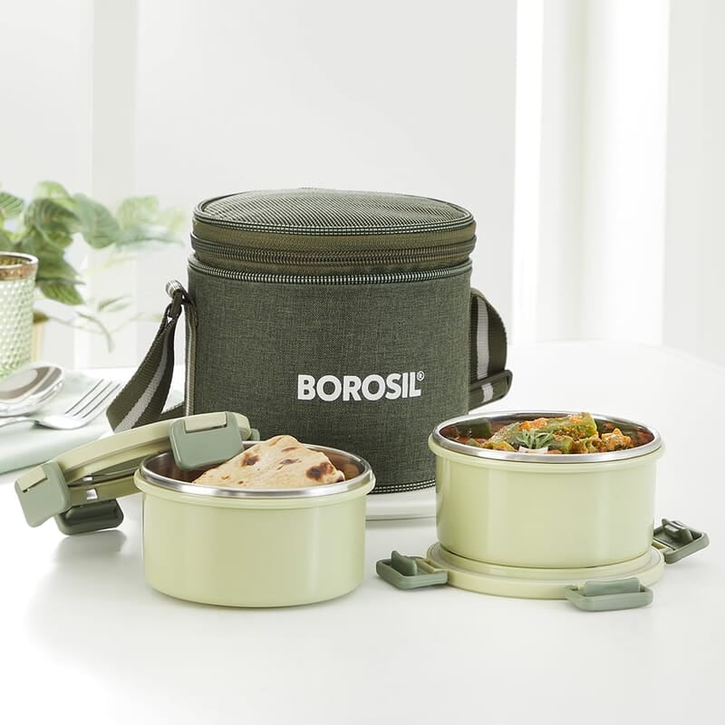 Borosil Glory Green Stainless Steel Lunchbox with Bag | 3 pcs Container Set (280 ml Each) | Microwavable Tiffin