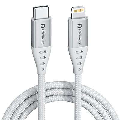 Portronics 1649 Konnect L 20W Type-C to Lightning Cable – Nylon Braided | 1M | White