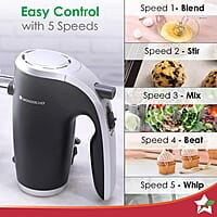 Wonderchef Onyx 5 Speed Electric Hand Mixer 300W SS Whisk Beaters & Dough Hooks