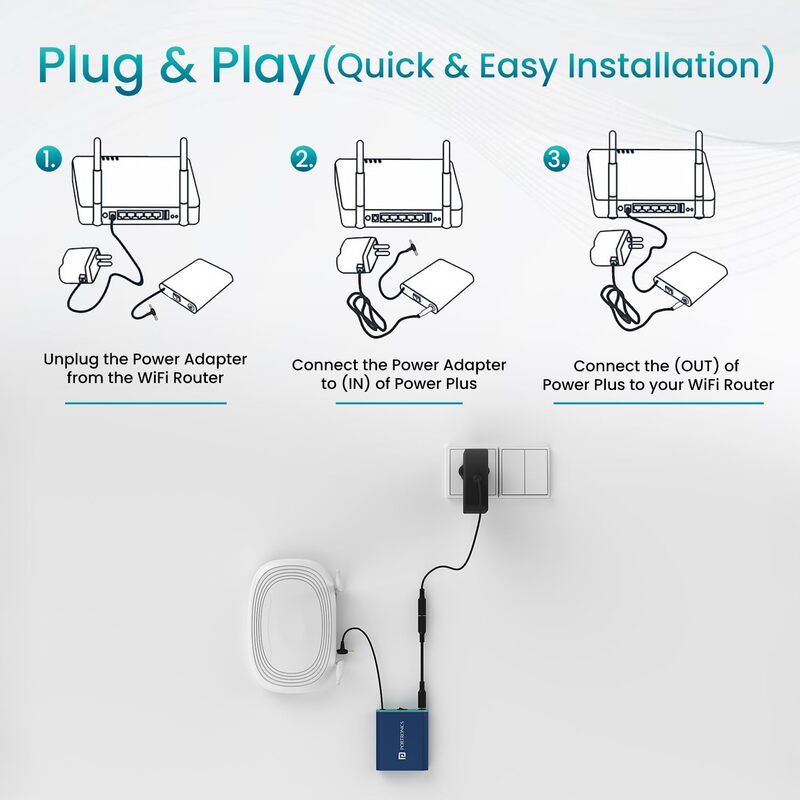 Portronics Power Plus – Mini UPS for WiFi Router (12V, Blue) ensures uninterrupted internet during power cuts, compact design, easy to use, reliable backup for seamless connectivity.