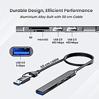 Portronics Mport 31 Plus – 5-in-1 USB Hub, Dual Plugs, compact design, supports multiple devices, high-speed data transfer, ideal for laptops and desktops, enhances connectivity options.