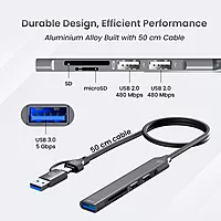 Portronics Mport 31 Plus – 5-in-1 USB Hub, Dual Plugs, compact design, supports multiple devices, high-speed data transfer, ideal for laptops and desktops, enhances connectivity options.