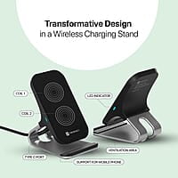 Portronics Freedom 15 Plus 15W Desktop Wireless Charger + Mobile Stand with Dual Coil, Aluminum Alloy