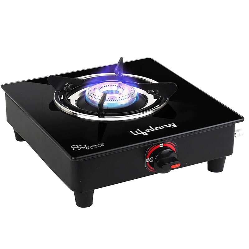 Lifelong LLGS201 Open Single Burner Glass Gas Stove , Manual Ignition, Black