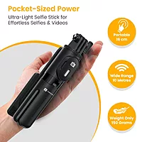 Portronics Lumistick Mini – 3-in-1 Selfie Stick, Black. Compact design, built-in LED light, and Bluetooth remote. Perfect for selfies, group photos, and video calls. Lightweight and portable.