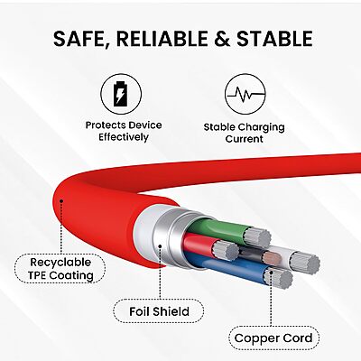 Portronics Link C Square – 100W Type-C Cable, 1M Red, fast charging, durable design, high-speed data transfer, compatible with various devices, perfect for home and office use, stylish and efficient.