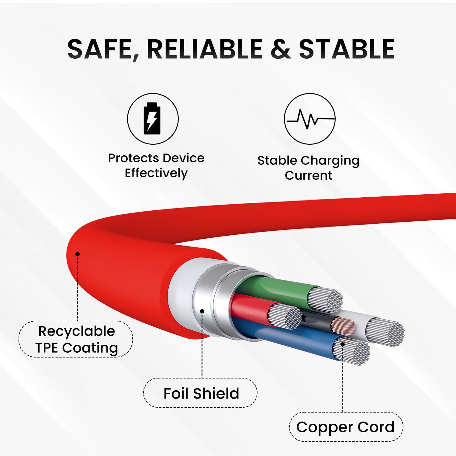 Portronics Link C Square – 100W Type-C Cable, 1M Red, fast charging, durable design, high-speed data transfer, compatible with various devices, perfect for home and office use, stylish and efficient.