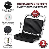 Borosil Jumbo Grill Sandwich Maker, 1500W, Non-Stick Grilling Plate, 180ᶿ Open Flexibility, Make 4 Sandwiches