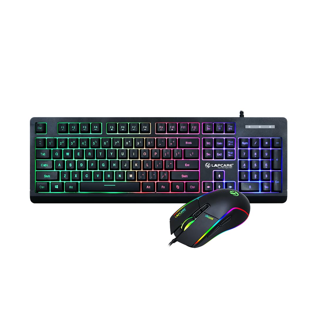 Lapcare Champ LGC-012 USB Gaming Keyboard & Mouse Set – Braided Wire  Membrane Backlit  Customized RGB Lights  7D USB Mouse  8000 DPI  Black
