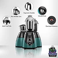 Crompton Ameo 750-Watt Mixer Grinder with MaxiGrind and Motor Vent-X Technology (3 Stainless Steel Jars, Black & Green)