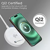 Portronics Quikk Qi2 15W Mag Wireless Charger features Type-C input for fast charging. Its sleek design and magnetic alignment ensure efficient power delivery for your devices. Compact and portable.