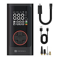 Portronics Vayu 7.0 – 150 PSI Tyre Inflator, 4000mAh battery, compact design, LED light, digital display, auto shut-off, perfect for cars, bikes, sports equipment, and more. Fast inflation!