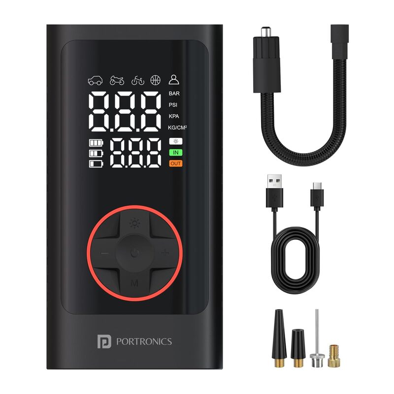 Portronics Vayu 7.0 – 150 PSI Tyre Inflator, 4000mAh battery, compact design, LED light, digital display, auto shut-off, perfect for cars, bikes, sports equipment, and more. Fast inflation!