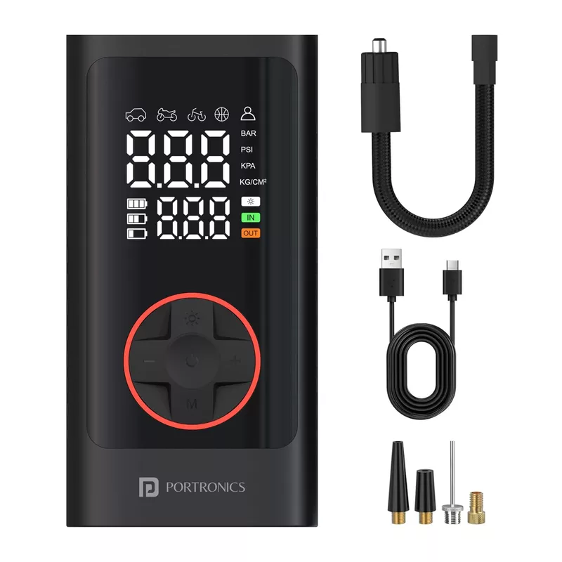 Portronics Vayu 7.0 – 150 PSI Tyre Inflator, 4000mAh battery, compact design, LED light, digital display, auto shut-off, perfect for cars, bikes, sports equipment, and more. Fast inflation!