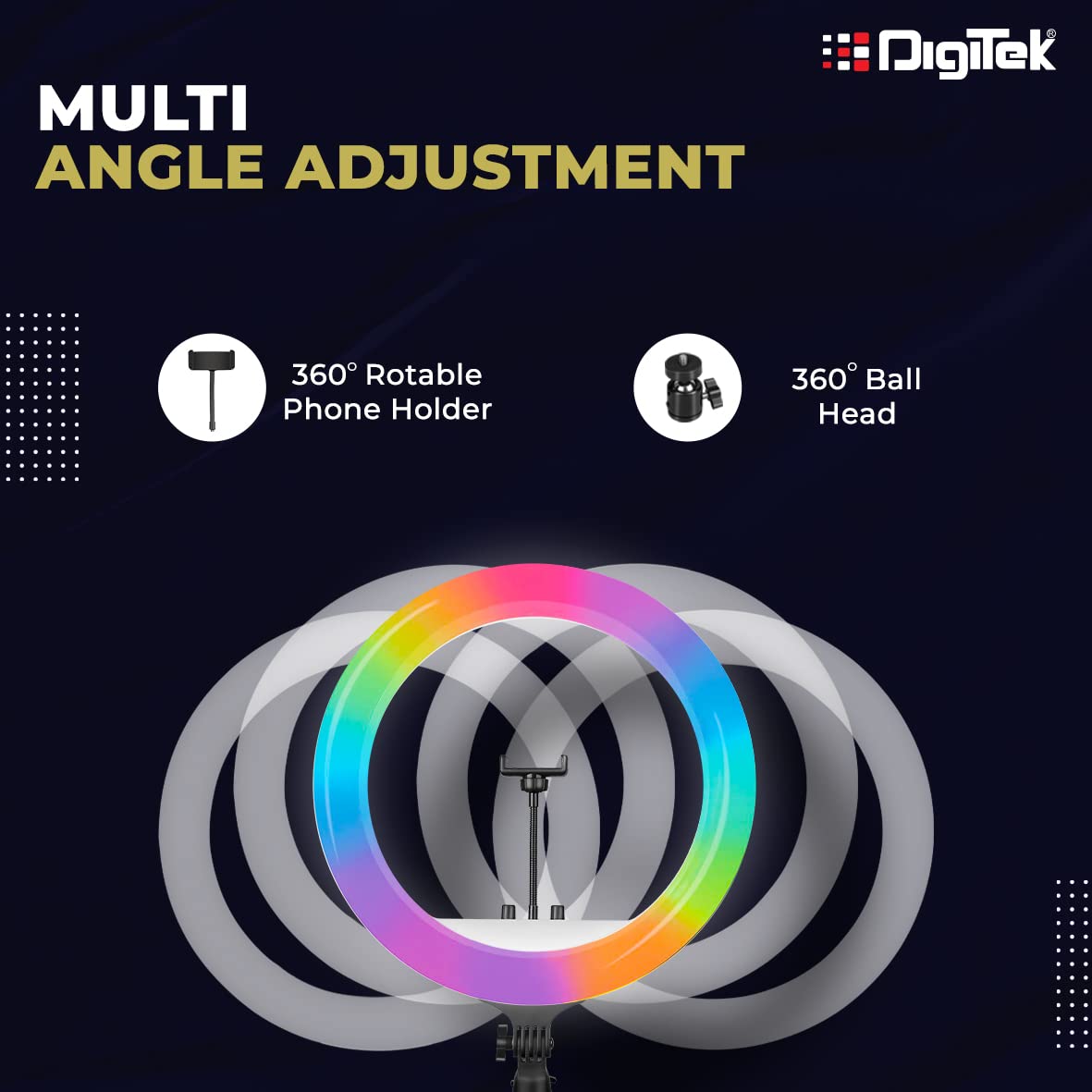 DIGITEK® (DRL-18 RGB) 18 Inch Multi-Color LED Ring Light with Remote Control & Smartphone Holder - Adjustable Color Temperature