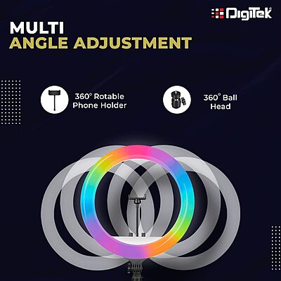 DIGITEK® (DRL-18 RGB) 18 Inch Multi-Color LED Ring Light with Remote Control & Smartphone Holder - Adjustable Color Temperature DIGITEK® (DRL-18 RGB) 18 Inch Multi-Color LED Ring Light with Remote Control & Smartphone Holder - Adjustable Color Temperature