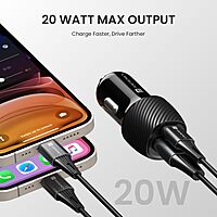 Portronics 20W Dual Output Car Charger 20W Type-C PD + 18W USB Fast Charging Black