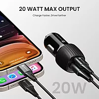 Portronics 20W Dual Output Car Charger 20W Type-C PD + 18W USB Fast Charging Black