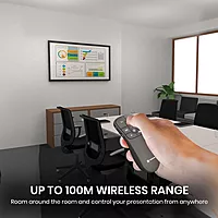 Portronics SlideMate Presenter – Features a red laser pointer, dual plug for USB and Type-C connectivity, compact design, easy navigation for presentations, perfect for professionals and educators.