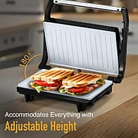 KENT 16025 Sandwich Grill 700W | Non-Toxic Ceramic Coating | Automatic Temperature Cut-off with LED Indicator | Adjustable Height Control, Metallic Silver, Standard