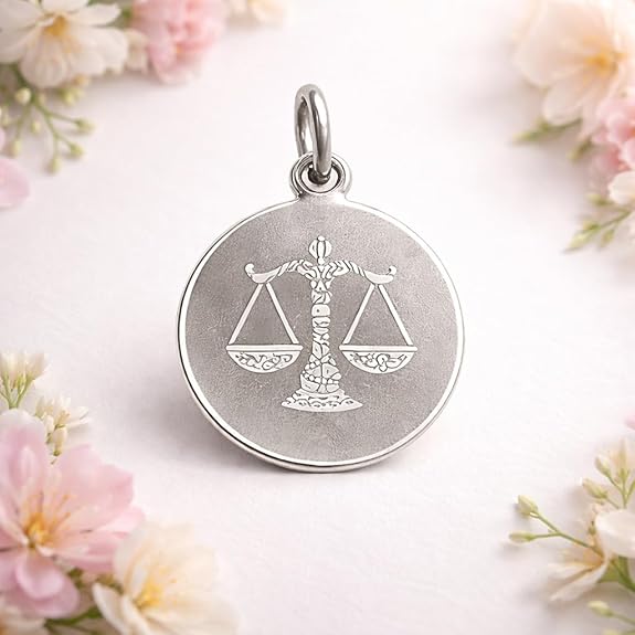 925 Sterling Silver Libra Zodiac Pendant for Men & Women | Astrology Balance Scale Charm Necklace | Round Engraved Horoscope Jewelry