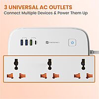 Portronics Power Plate 16 Extension Board – 45W Type-C PD Charging | 3 Universal Sockets | 3 USB Ports | 3 Meter Long Cord | 1440 Watts | Multi-Plug for Home Appliances | 6 Amp | White
