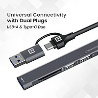 Portronics Mport 31 Plus – 5-in-1 USB Hub, Dual Plugs, compact design, supports multiple devices, high-speed data transfer, ideal for laptops and desktops, enhances connectivity options.