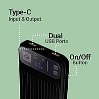 ZEBRONICS MB10000S13 Power Bank, 10000 mAh, Rapid Charge, 22.5W Output, Dual USB Output, PD 3.0 Type C, Built in Protections, Percentage Indicator, Made in India