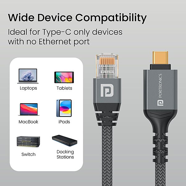 Portronics Ether C Type-C to RJ45 Cat6 Ethernet Cable – 2M |Metal Heads | 1000 Mbps | Zebra