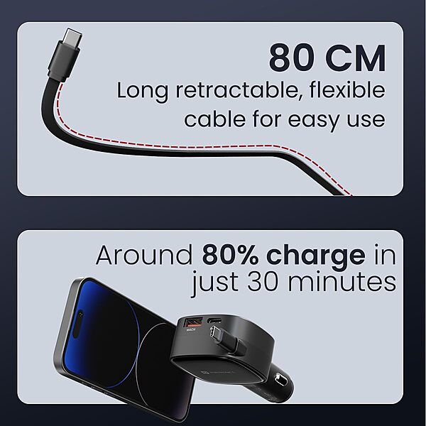Portronics Car Power Retracto 84W 3-in-1 Car Charger with Retractable Type-C Cable Black