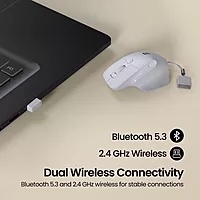 Portronics Toad Mino: Sleek White Wireless Mouse with Dual Connectivity. Compact design, perfect for travel. Enjoy seamless navigation and comfort with this stylish, portable accessory.