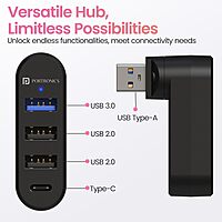Portronics MPort Spin Black – 4-in-1 USB Hub, Type-C. Compact design, 4 ports for seamless connectivity. Ideal for laptops and devices. Fast data transfer and charging capabilities.