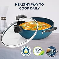 Borosil ProChef Non-Stick Aluminum Kadhai with Lid 26 cm | Gas Stove Compatible, Thick Uniform Body for Even Heating, Dishwasher Safe | 5 Layer Nonstick Coating, PFOA Free | 1 Year Warranty | Blue