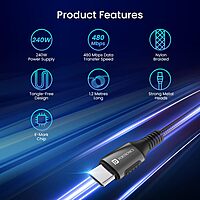Portronics Konnect 240C – 240W Type-C Cable, 1.2M Black, high-speed charging, durable design, compatible with various devices, perfect for fast data transfer and reliable performance.