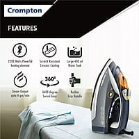 Crompton FabriAutoTech 2200 Watt Steam Iron Feather Touch Digital LED Fabric Temperature Control 3 Ways Auto Shut-off Scratch Resistant Ceramic Coating 400 Ml water Tank