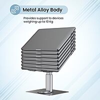 Portronics Twister – 360° Adjustable Metal Laptop Stand, supports up to 10kg, ergonomic design for comfort, lightweight and portable, perfect for home or office use, enhances airflow and cooling.