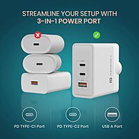Portronics Adapto 100 100W GaN Triple Port Fast Charger | Dual Type-C PD + USB-A White