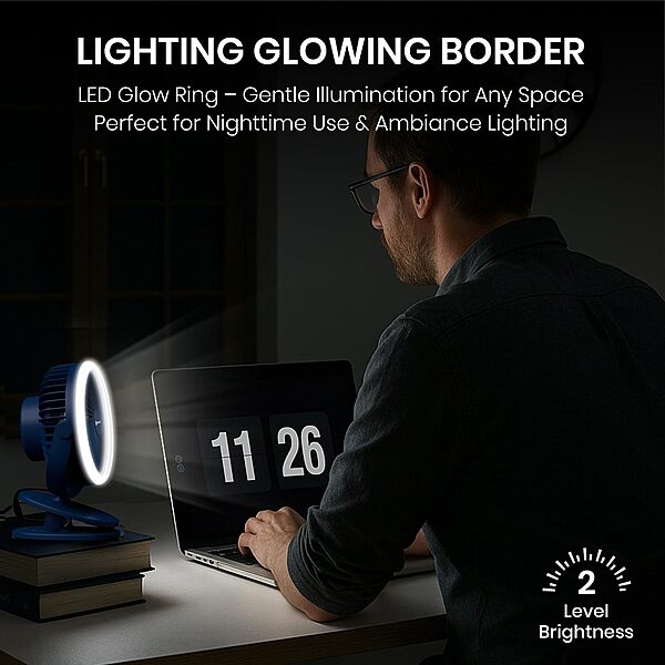Portronics ClipCool Clip-On Fan – Features an LED ring for stylish illumination, compact design for easy attachment, and powerful airflow. Perfect for personal cooling at home or office.
